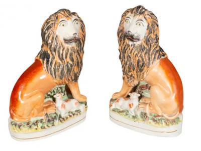 Matched Pair Of Staffordshire Pottery Lions