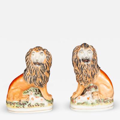 Matched Pair Of Staffordshire Pottery Lions