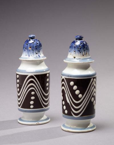Matched Pair of Cylinder Form Mochaware Pepper Pots