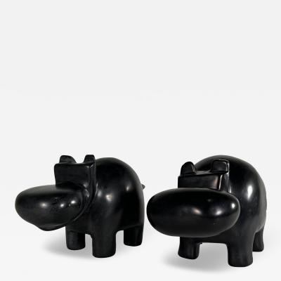 Matched Pair of Italian Marmo Negro Marble Hippos