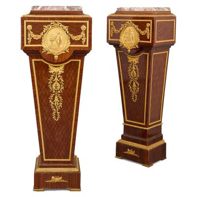 Matched pair of French ormolu and marble mounted pedestals