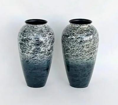 Matching Decorative Pair of Enameled Metal Vases