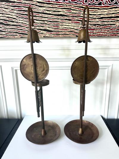 Matching Pair of Korean Brass Candlesticks with Shields and Snuffers Joseon
