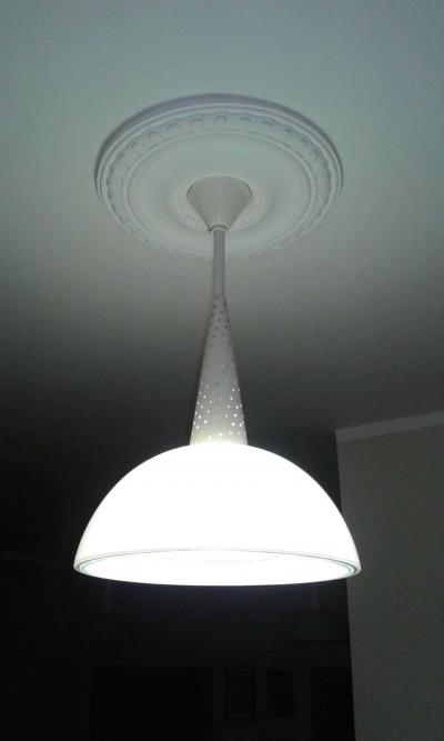 Mathieu Mat got 1 French Mid Century Modern White Enamel Metal Glass Pendants in Mategot Style