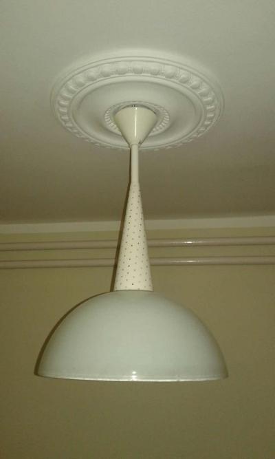 Mathieu Mat got 1 French Mid Century Modern White Enamel Metal Glass Pendants in Mategot Style