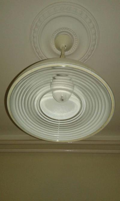 Mathieu Mat got 1 French Mid Century Modern White Enamel Metal Glass Pendants in Mategot Style