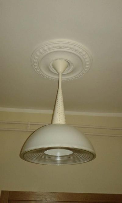Mathieu Mat got 1 French Mid Century Modern White Enamel Metal Glass Pendants in Mategot Style
