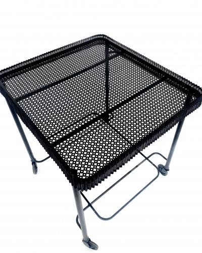 Mathieu Mat got MATHIEU MATEGOT BLACK PERFORATED METAL BAR CART WITH GLASS SHELF FRANCE C1956