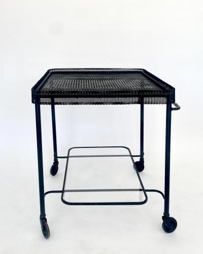 Mathieu Mat got MATHIEU MATEGOT BLACK PERFORATED METAL BAR CART WITH GLASS SHELF FRANCE C1956