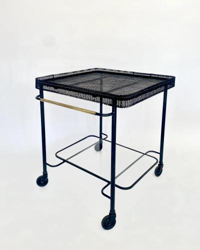 Mathieu Mat got MATHIEU MATEGOT BLACK PERFORATED METAL BAR CART WITH GLASS SHELF FRANCE C1956