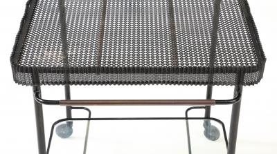 Mathieu Mat got Mathieu Mat got Metal Bar Cart Glass Lower Shelf Pleated Apron France 1956