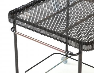 Mathieu Mat got Mathieu Mat got Metal Bar Cart Glass Lower Shelf Pleated Apron France 1956
