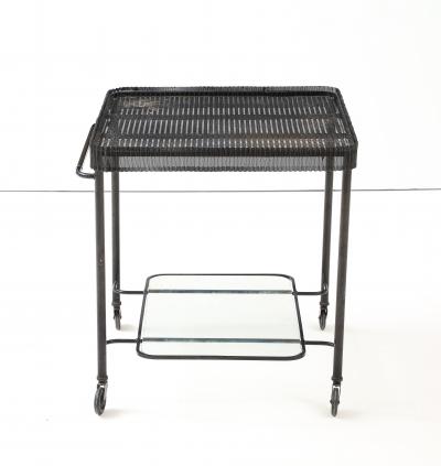 Mathieu Mat got Mathieu Mat got Metal Bar Cart Glass Lower Shelf Pleated Apron France 1956