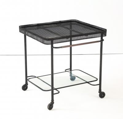 Mathieu Mat got Mathieu Mat got Metal Bar Cart Glass Lower Shelf Pleated Apron France 1956