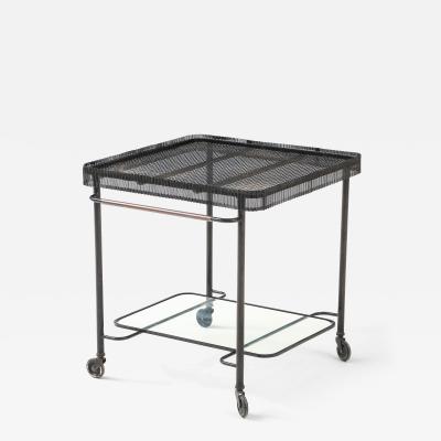 Mathieu Mat got Mathieu Mat got Metal Bar Cart Glass Lower Shelf Pleated Apron France 1956