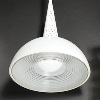 Mathieu Mat got MidCentury White Enamel and Holophane Glass Diffuser Pendant by Mathieu Mat got