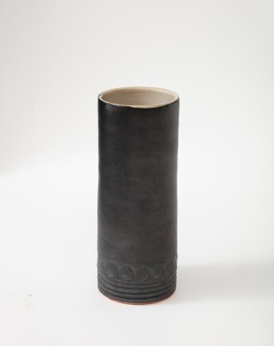 Matte Black MidCentury Vase White interior Incised Decoration France c 1950