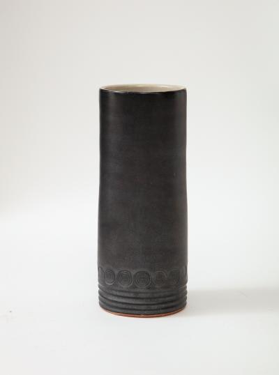 Matte Black MidCentury Vase White interior Incised Decoration France c 1950