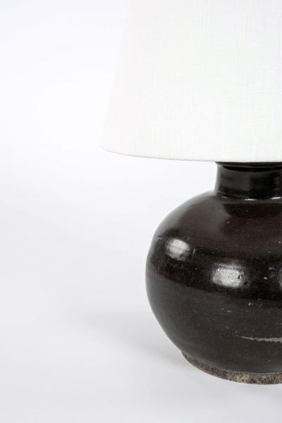 Matte Dark Brown Glazed Lamp from Antique Chinese Oil Jar