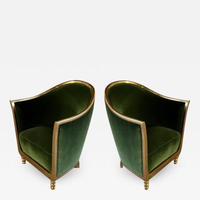 Maurice Dufr ne Maurice Dufrene 1925 art deco rare refined gold leaf frame pair of chairs