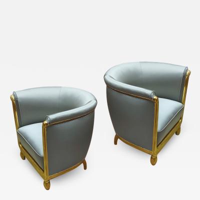 Maurice Dufr ne Maurice Dufrene pair of gold leaf frame Art Deco chairs covered in silk satin