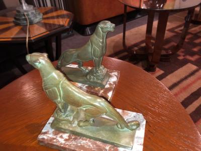 Maurice Frecourt French Art Deco Panther Leopard Panther Bookends by Maurice Frecourt