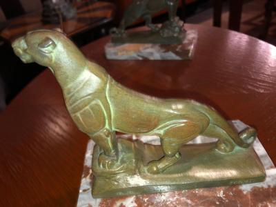 Maurice Frecourt French Art Deco Panther Leopard Panther Bookends by Maurice Frecourt