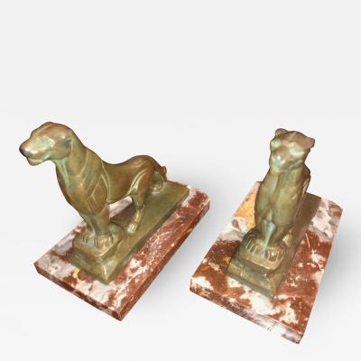 Maurice Frecourt French Art Deco Panther Leopard Panther Bookends by Maurice Frecourt