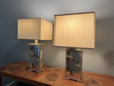 Maurice Heaton RARE MID CENTURY MAURICE HEATON INDIAN AND DEER DECORATED GLASS LAMPS