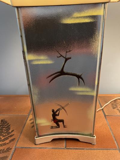 Maurice Heaton RARE MID CENTURY MAURICE HEATON INDIAN AND DEER DECORATED GLASS LAMPS