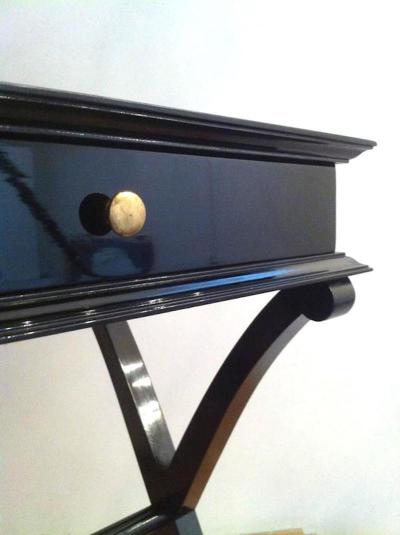 Maurice Hirsch Maurice Hirsch Stamped X Shaped Black Lacquered Side Tables or Bedsides