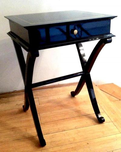 Maurice Hirsch Maurice Hirsch Stamped X Shaped Black Lacquered Side Tables or Bedsides