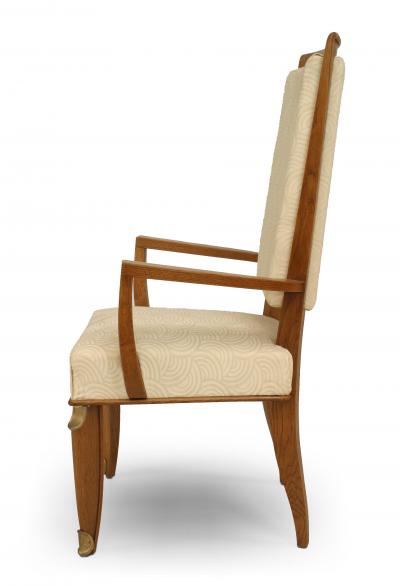 Maurice Jallot Set of Eight French Mid Century Oak and White Silk Dining Chairs