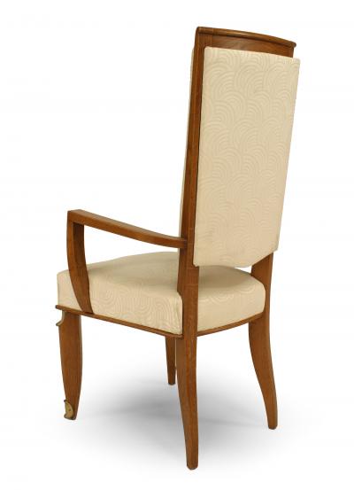 Maurice Jallot Set of Eight French Mid Century Oak and White Silk Dining Chairs