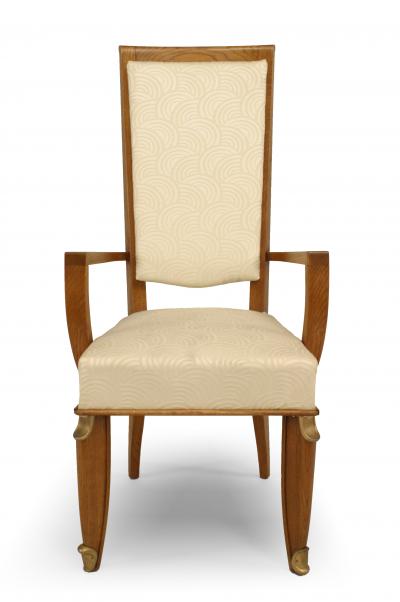 Maurice Jallot Set of Eight French Mid Century Oak and White Silk Dining Chairs