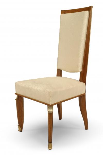 Maurice Jallot Set of Eight French Mid Century Oak and White Silk Dining Chairs