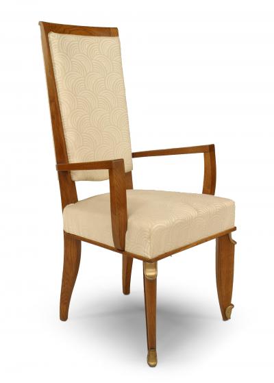 Maurice Jallot Set of Eight French Mid Century Oak and White Silk Dining Chairs