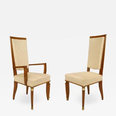 Maurice Jallot Set of Eight French Mid Century Oak and White Silk Dining Chairs
