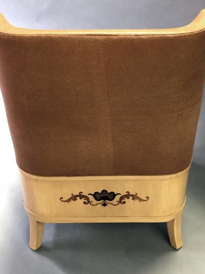 Maurice Jallot Stylish Pair of French 1940s Sycamore Marquetry Open Armchairs