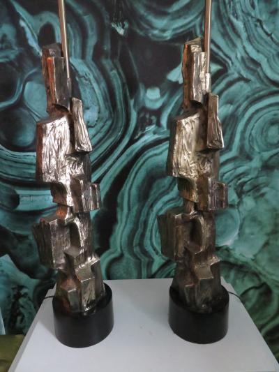 Maurizio Tempestini Pair of Tall Sculptural Bronze Brutalist Table Lamps Maurizio Tempestini Laurel
