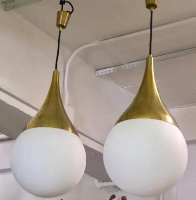 Max Ingrand 2 Italian Mid Century Brass Opaline Glass Pendants Max Ingrand Fontana Arte