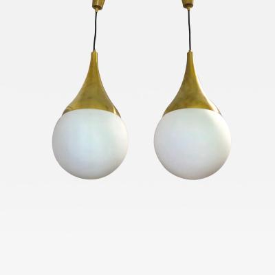 Max Ingrand 2 Italian Mid Century Brass Opaline Glass Pendants Max Ingrand Fontana Arte