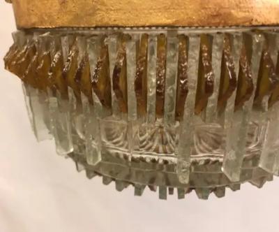 Max Ingrand 2 Italian Midcentury Gilt Iron Chiseled Murano Glass Pendants or Flush Mounts