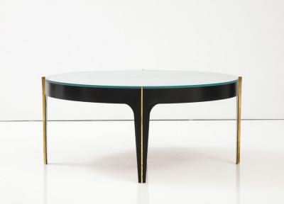 Max Ingrand Round Cocktail Table in Black Enameled Metal Brass and Green Grey Optical Glass