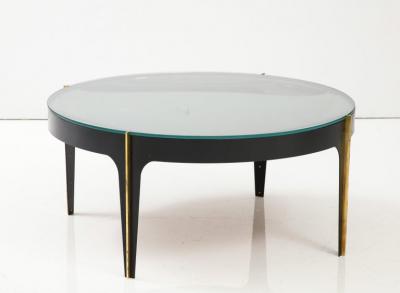 Max Ingrand Round Cocktail Table in Black Enameled Metal Brass and Green Grey Optical Glass