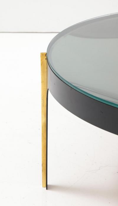 Max Ingrand Round Cocktail Table in Black Enameled Metal Brass and Green Grey Optical Glass