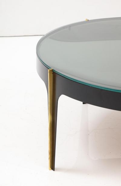 Max Ingrand Round Cocktail Table in Black Enameled Metal Brass and Green Grey Optical Glass