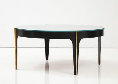 Max Ingrand Round Cocktail Table in Black Enameled Metal Brass and Green Grey Optical Glass