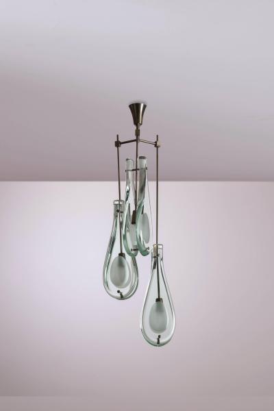 Max Ingrand Three Light Pendant in Green Nilo Glass by Max Ingrand Fontana Arte 1960s