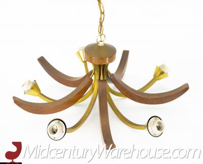 Max Sauze Max Sauze Lightolier Brass Walnut Mid Century Chandelier